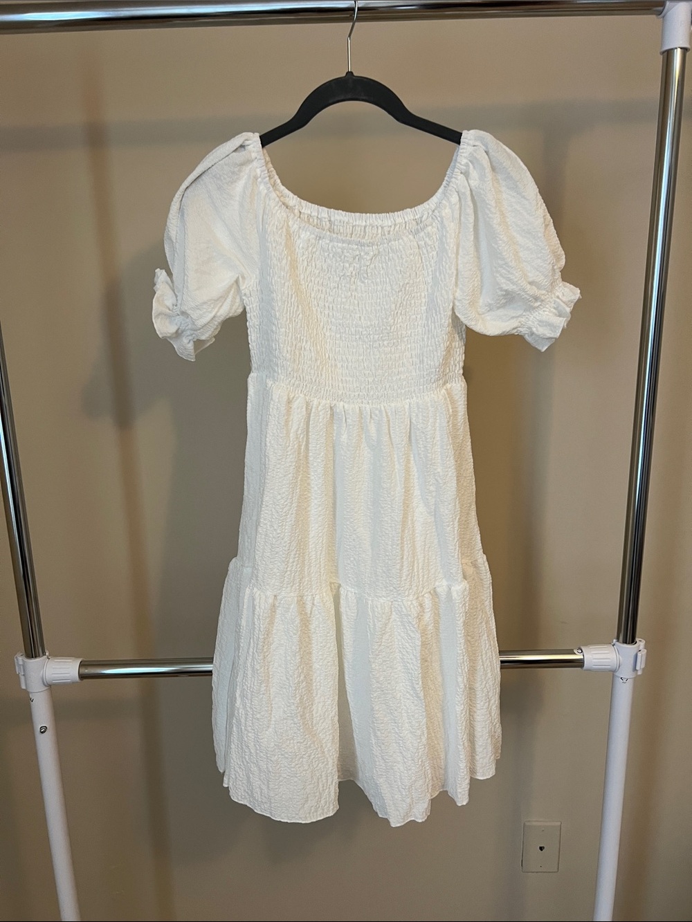 White Puff Sleeve Smocked Tiered Dress